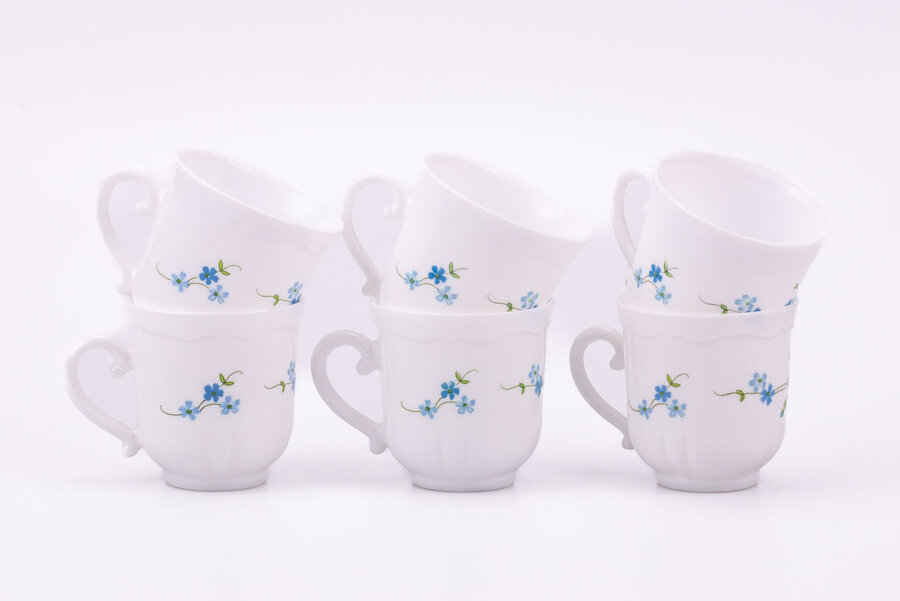 6 Tasses à café vintage en verre blanc d'Arcopal  "Myosotis"